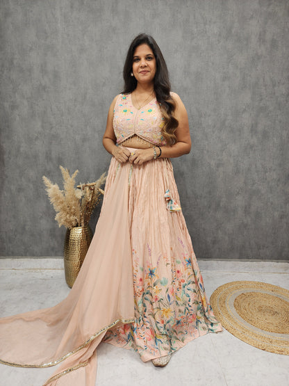 Rasha peach floral print embroidered lehenga set