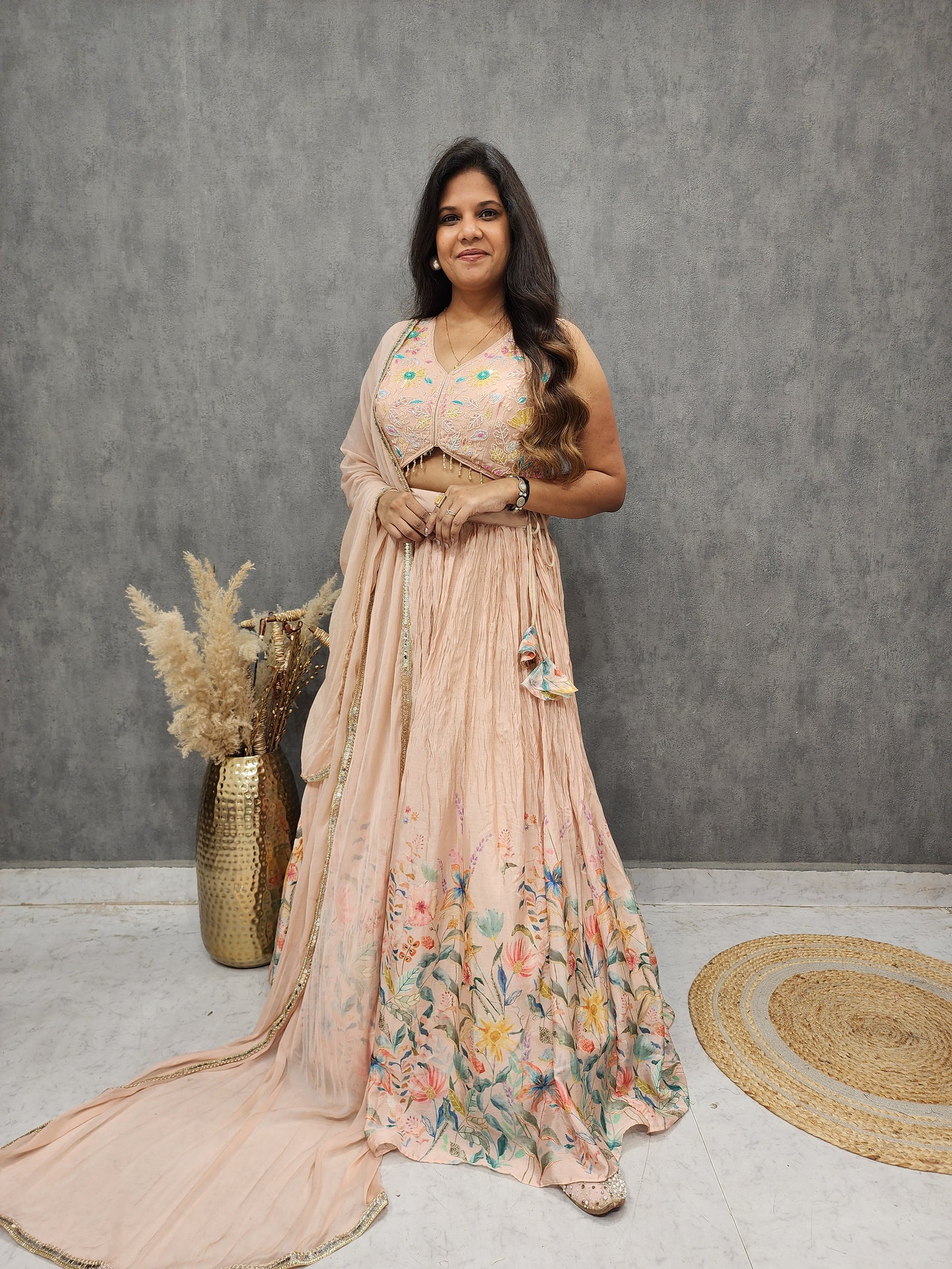 Rasha peach floral print embroidered lehenga set