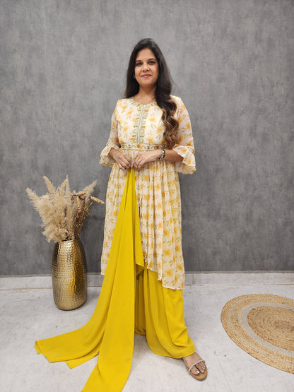 Tia floral print yellow centre slit indowestern dress