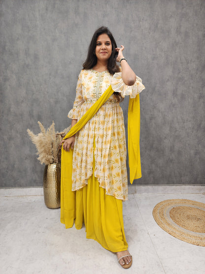 Tia floral print yellow centre slit indowestern dress