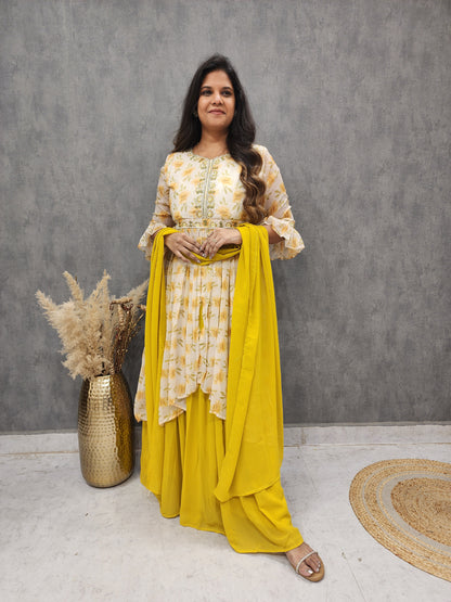 Tia floral print yellow centre slit indowestern dress