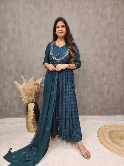 Kia blue centre slit indowestern dress