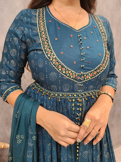 Kia blue centre slit indowestern dress