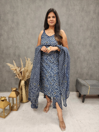 Aarya blue bandhani strap cotton straight suit