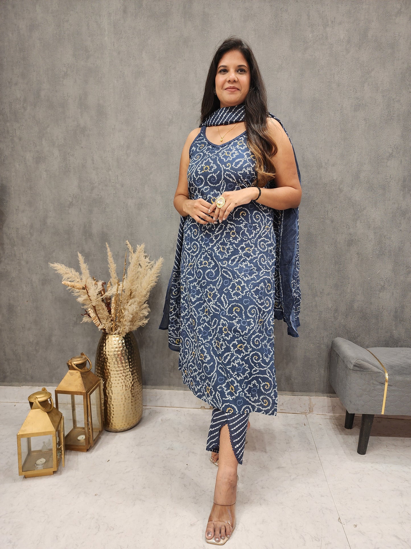 Aarya blue bandhani strap cotton straight suit