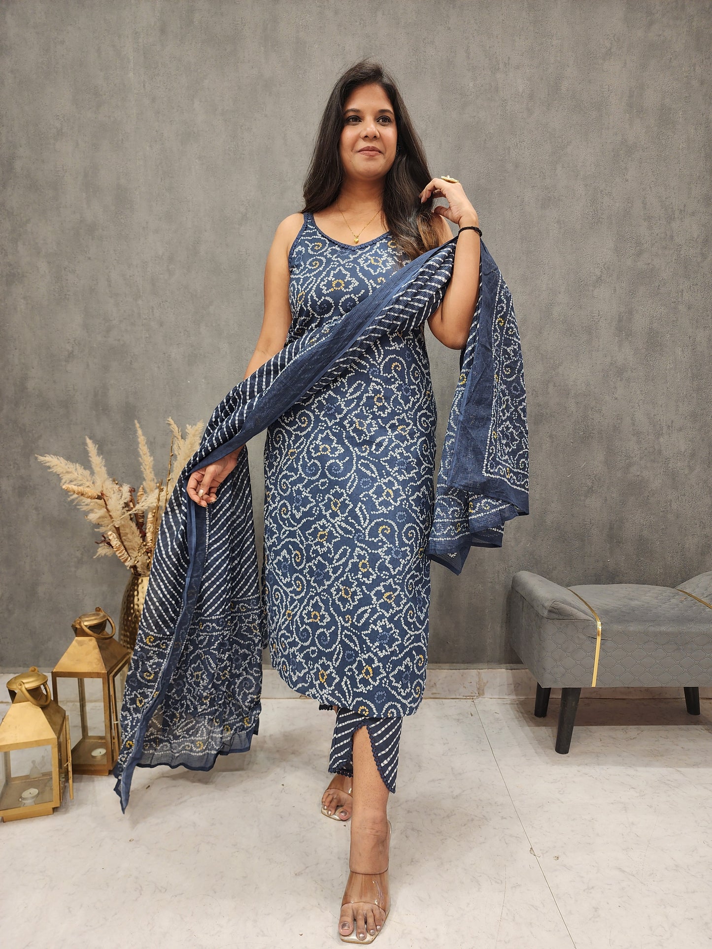 Aarya blue bandhani strap cotton straight suit