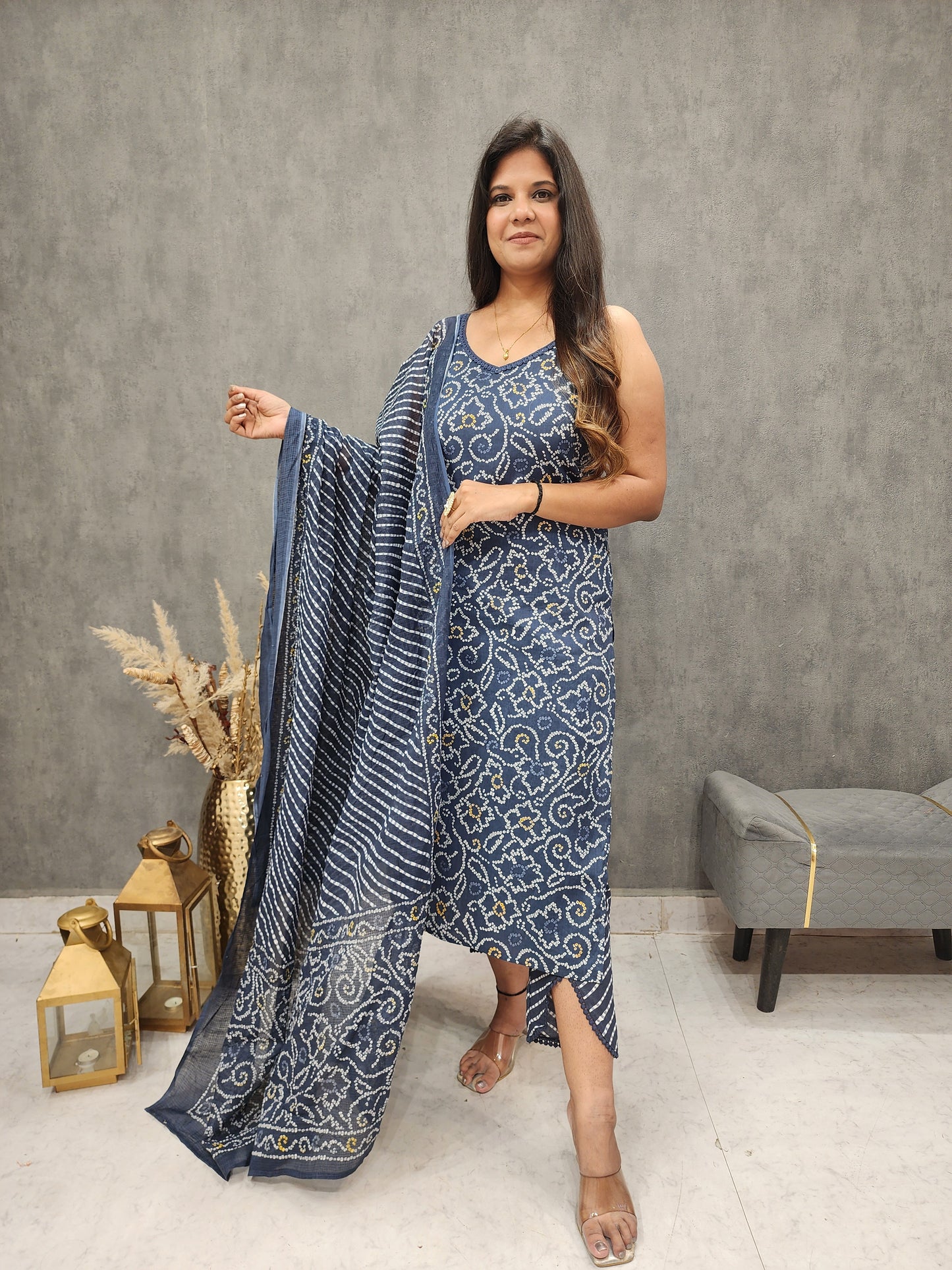 Aarya blue bandhani strap cotton straight suit