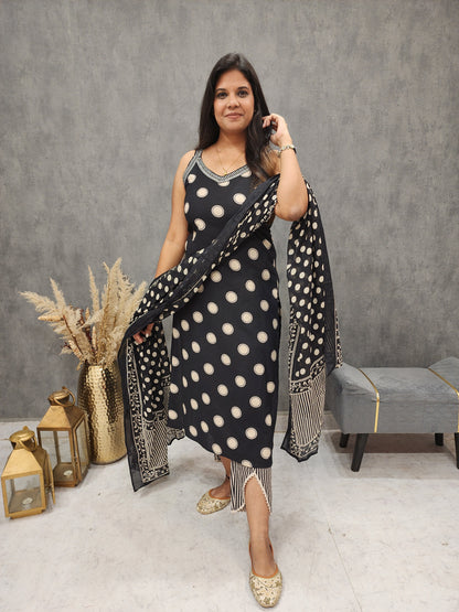 Aarya black polka dot cotton strap straight suit