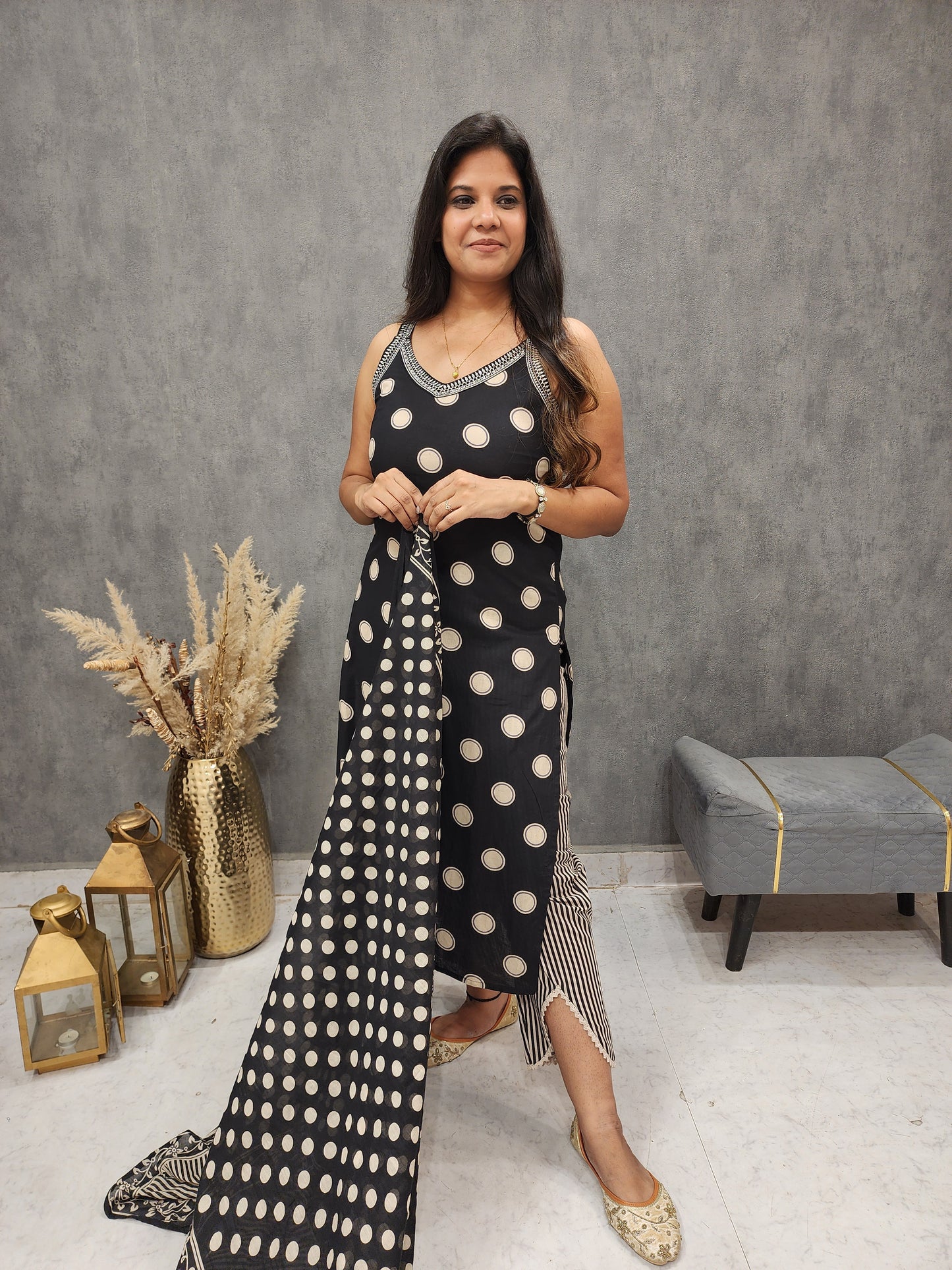 Aarya black polka dot cotton strap straight suit