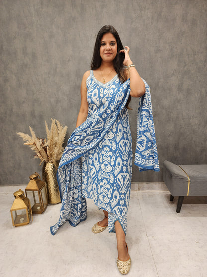 Aarya blue ikkat cotton strap straight suit