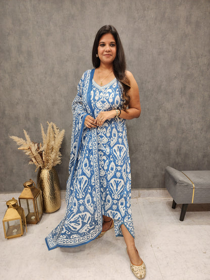 Aarya blue ikkat cotton strap straight suit