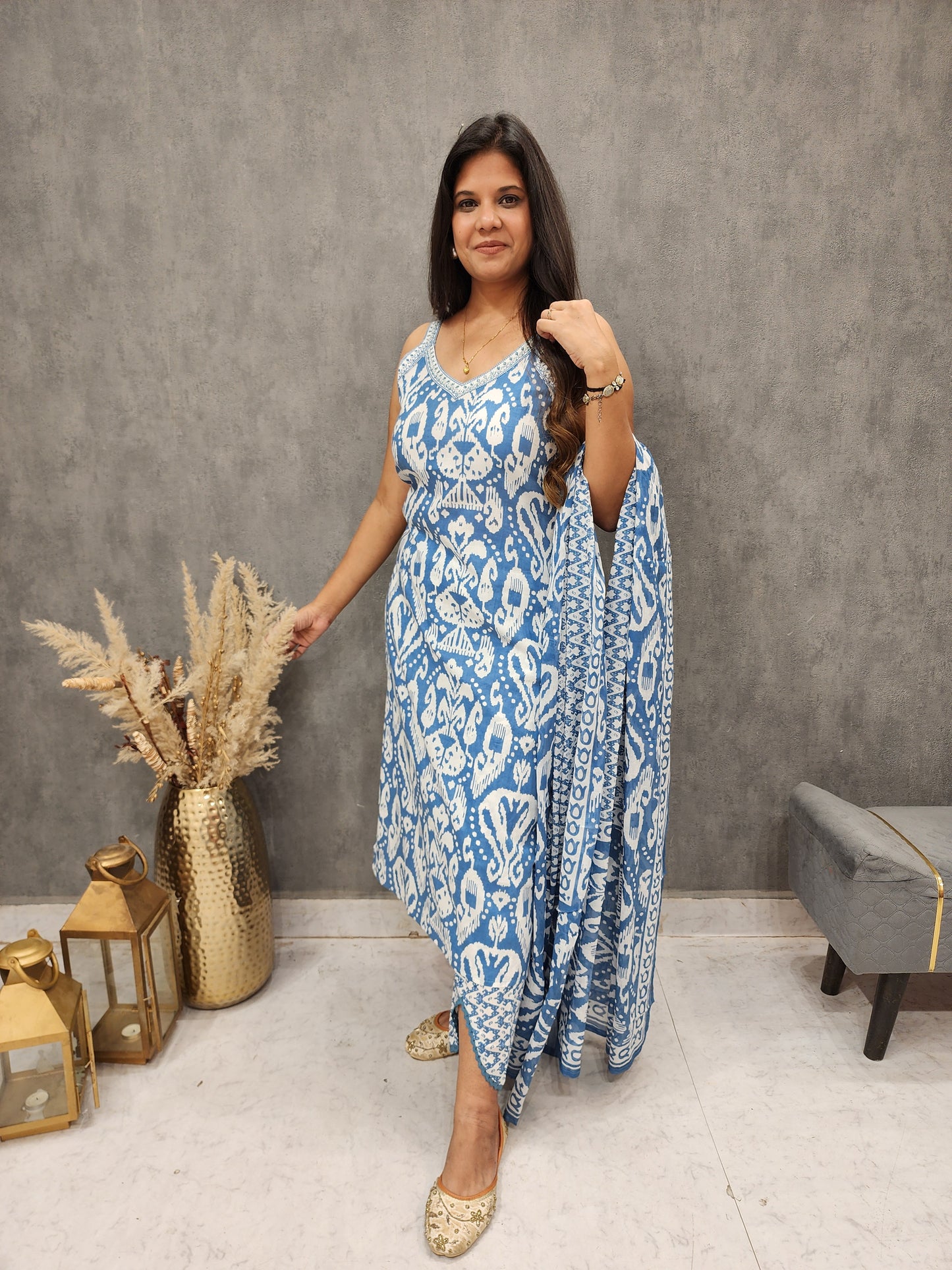 Aarya blue ikkat cotton strap straight suit