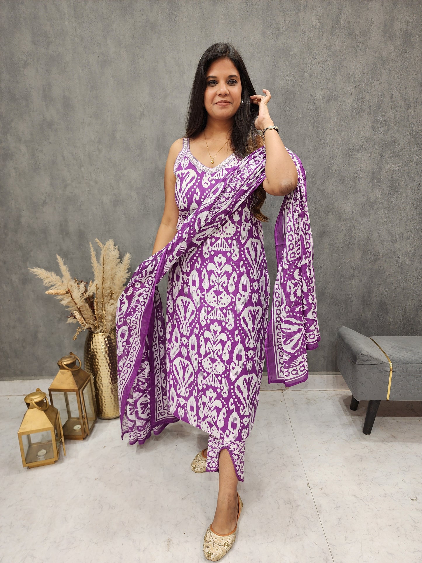 Aarya lilac ikkat cotton strap straight suit