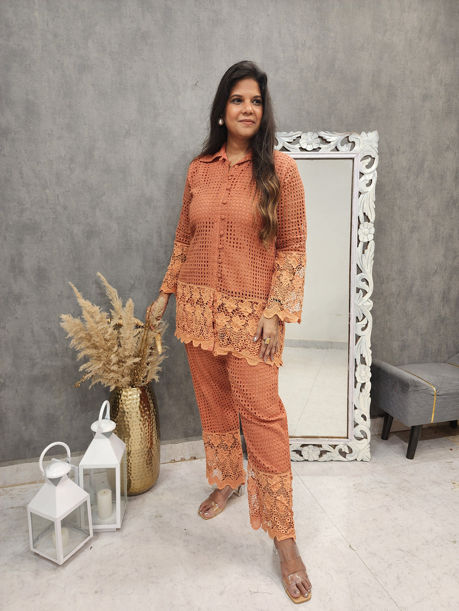 Matteo Rust-Orange Embroidery Co-ord Set