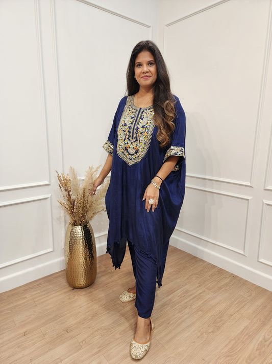 Coal blue baggy embroidered kaftaan co-ord set