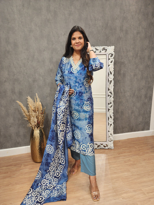 Indigo tie & tye printed Embroided staright suit