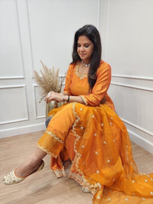 Shradha Orange anarkali centre slit indowestern suit