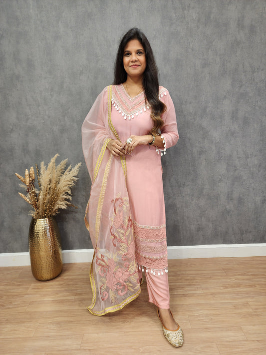 Jannat Shell pink Embroided organza staright suit