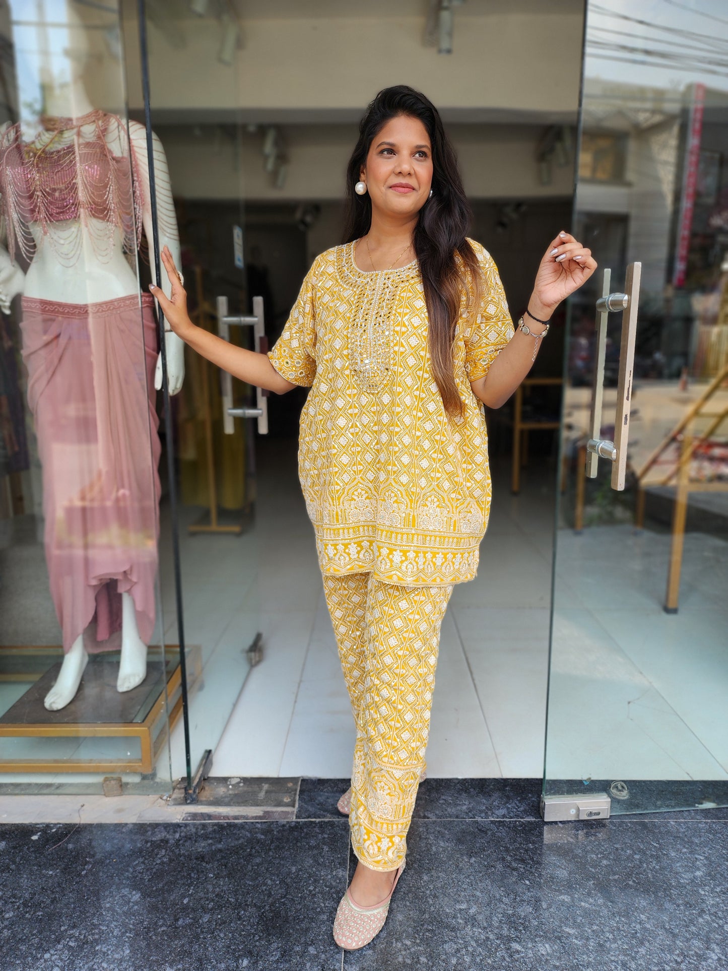 Ravishing yellow chickenkari co-ord set