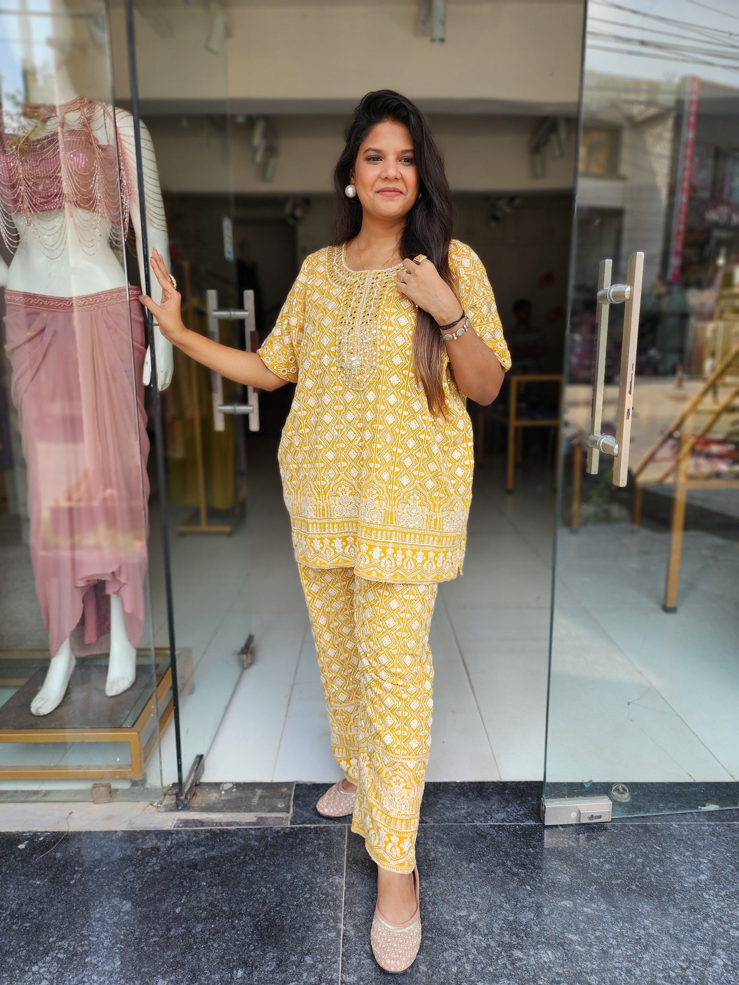 Ravishing yellow chickenkari co-ord set