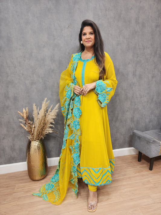 Yellow leafy cutwork anarkali maxi gown with plazo