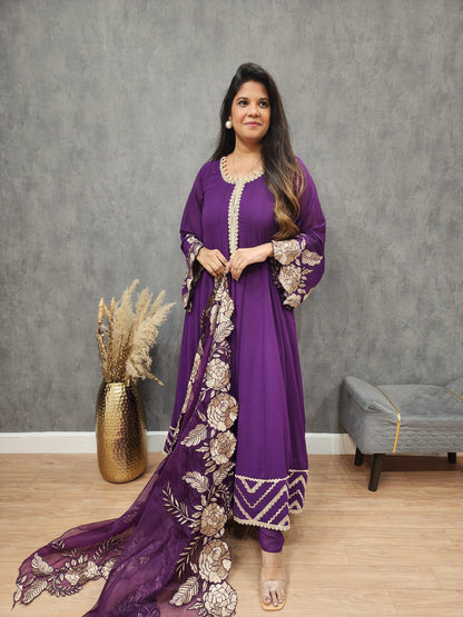 Purple leafy Embroided anarkali maxi gown