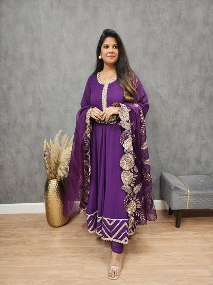 Purple leafy Embroided anarkali maxi gown