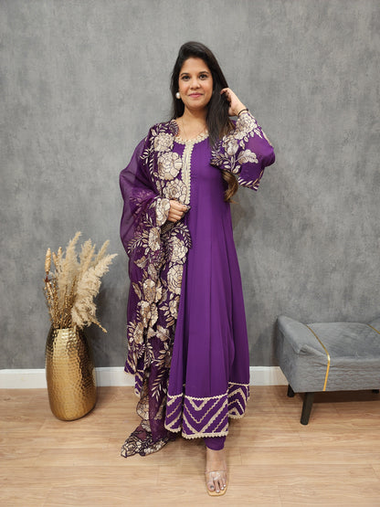 Purple leafy Embroided anarkali maxi gown