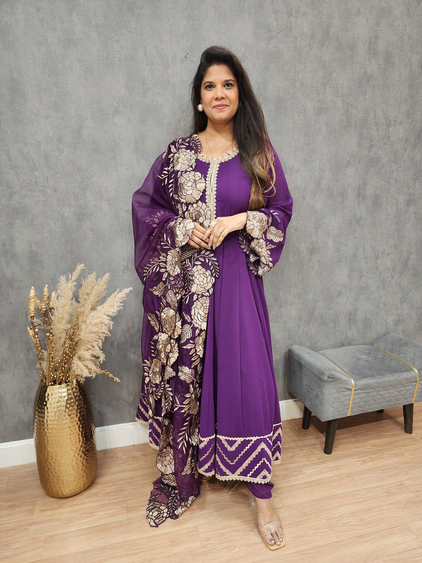 Purple leafy Embroided anarkali maxi gown