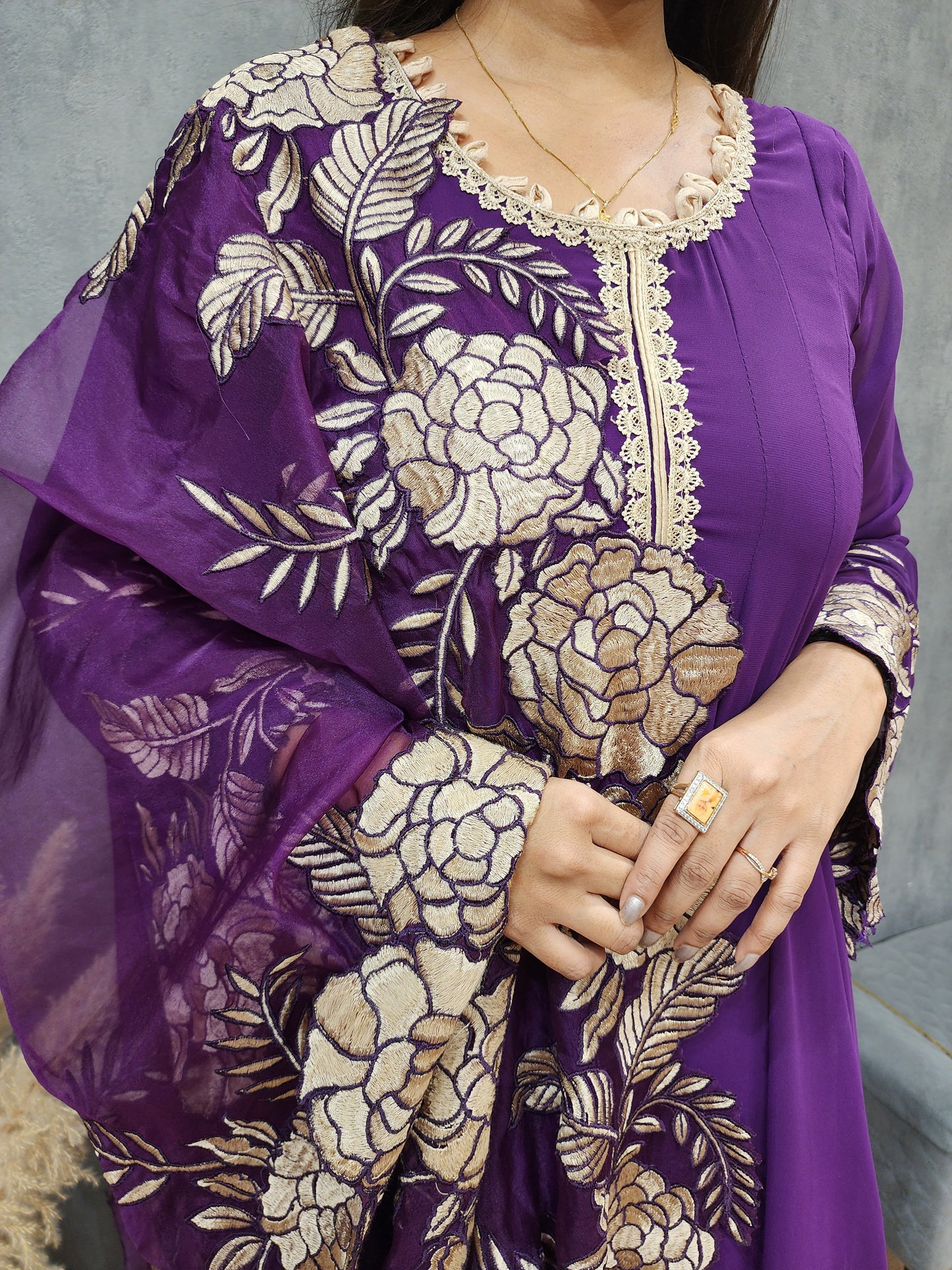 Purple leafy Embroided anarkali maxi gown