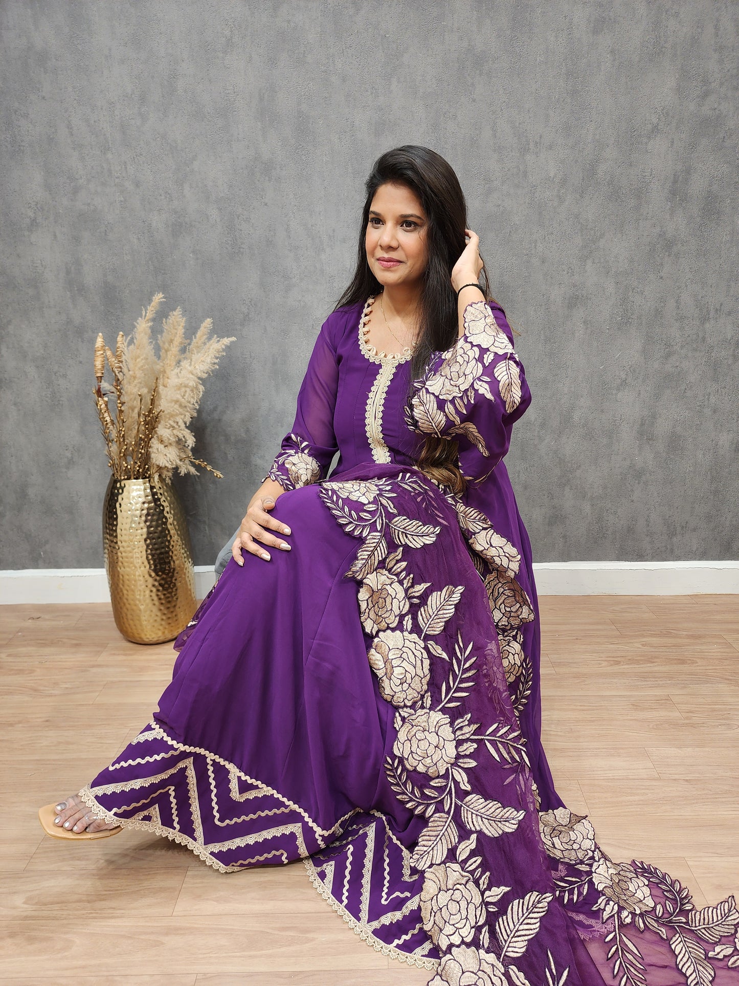 Purple leafy Embroided anarkali maxi gown