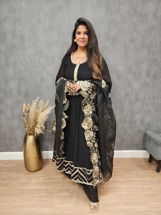 Black leafy Embroided anarkali maxi gown