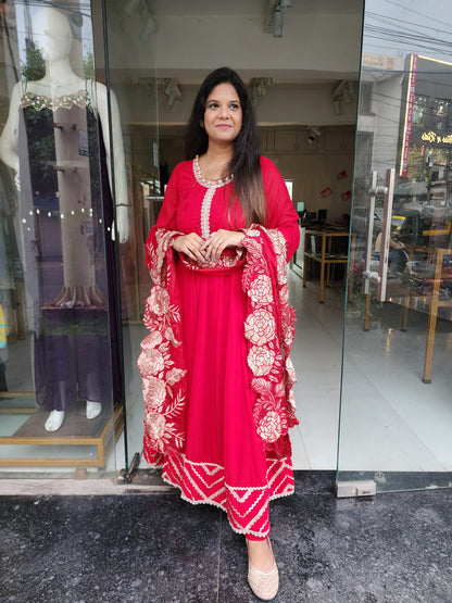 Red cutwork leafy anarkali maxi gown with plazo