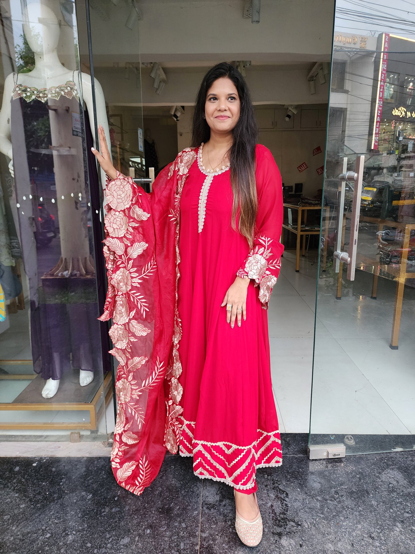 Red cutwork leafy anarkali maxi gown with plazo