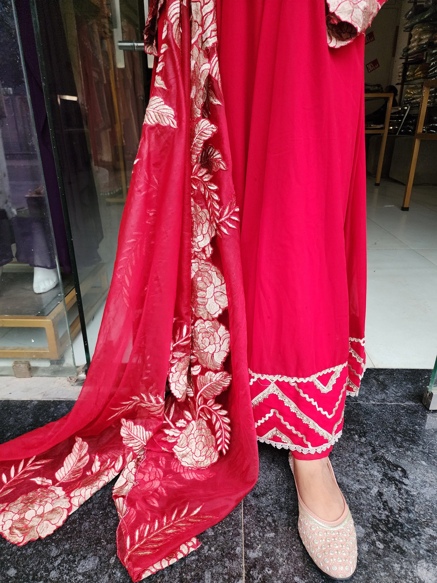 Red cutwork leafy anarkali maxi gown with plazo