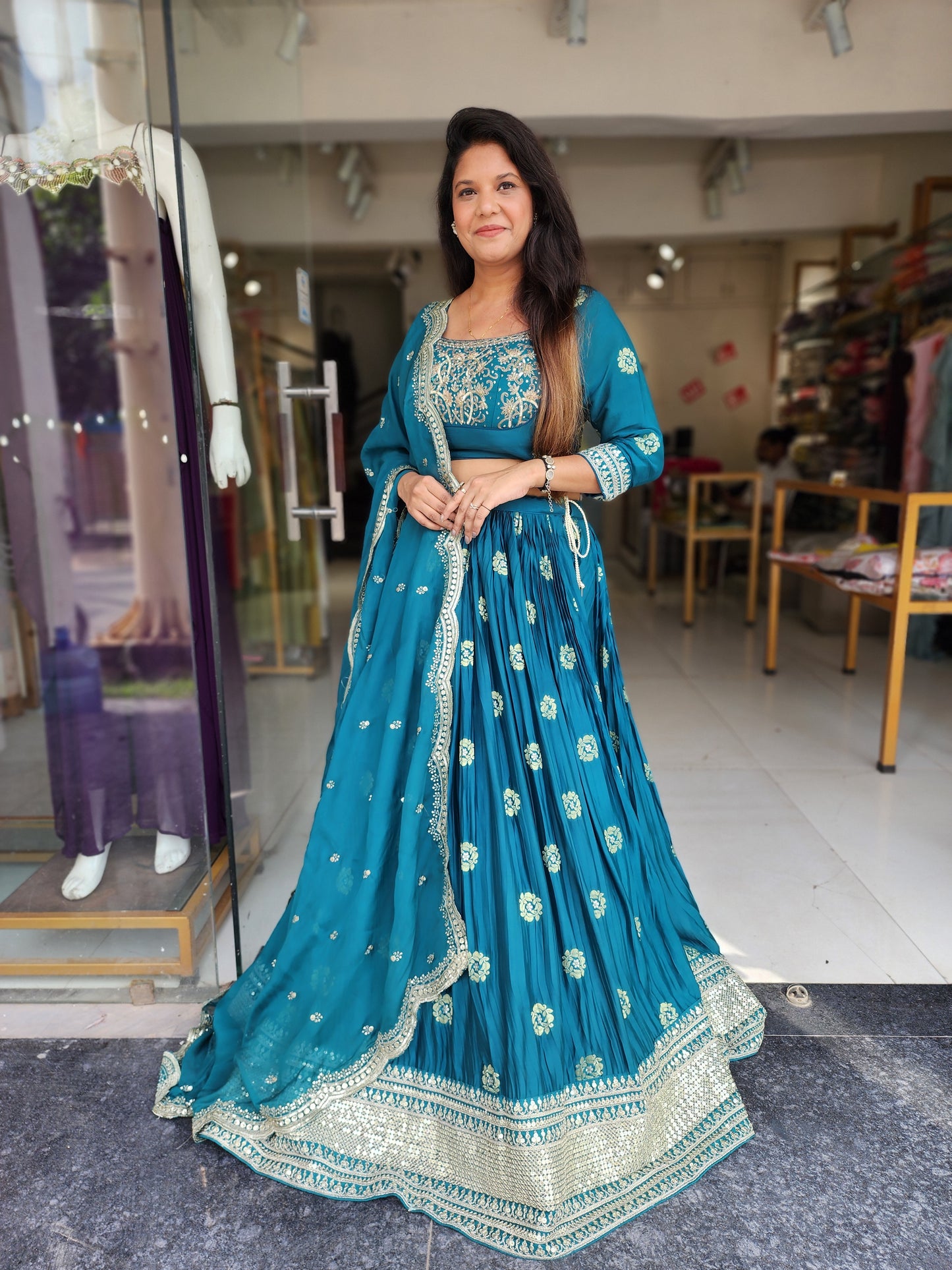 Teal blue Embroided weaving lehenga