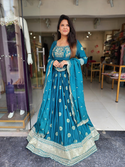 Teal blue Embroided weaving lehenga