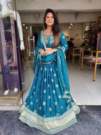 Teal blue Embroided weaving lehenga