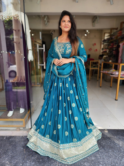 Teal blue Embroided weaving lehenga