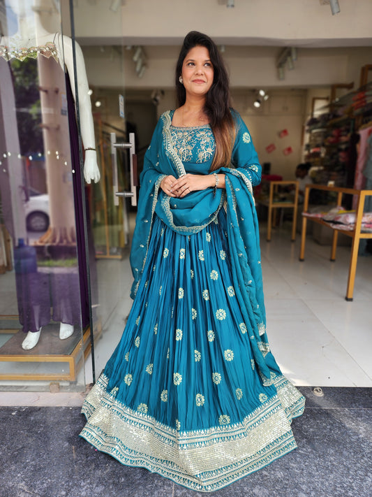 Teal blue Embroided weaving lehenga