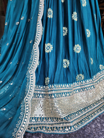 Teal blue Embroided weaving lehenga