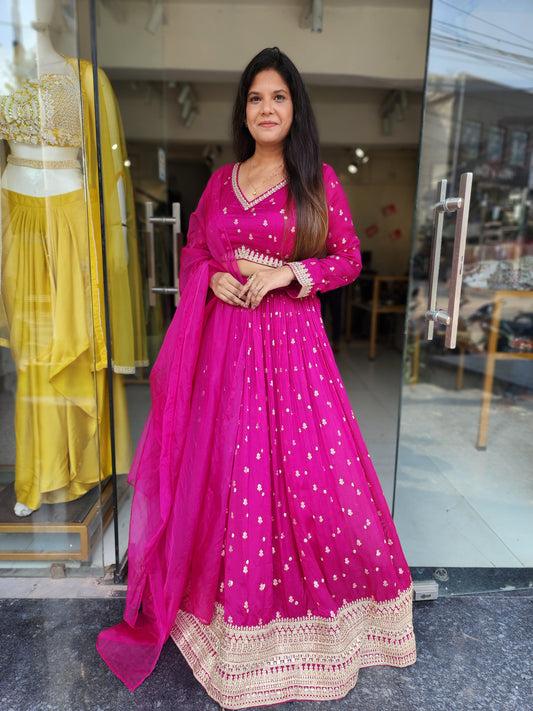 Pink V neck organza lehenga