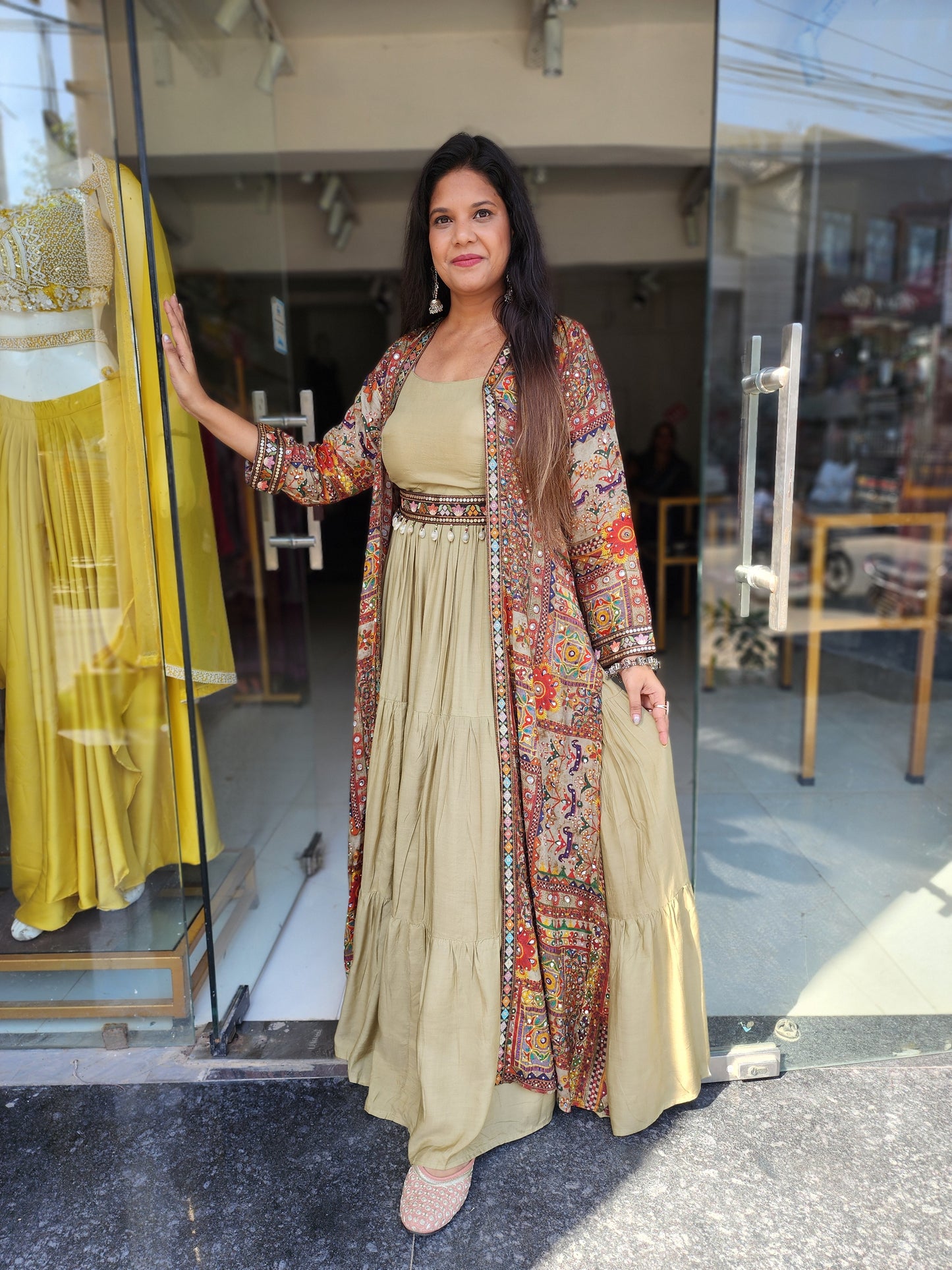 Boho look light green indowestern maxi with jacket and belt