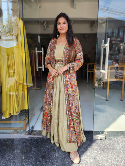 Boho look light green indowestern maxi with jacket and belt