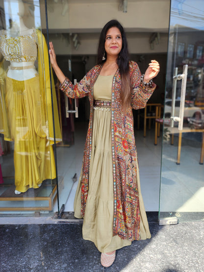 Boho look light green indowestern maxi with jacket and belt