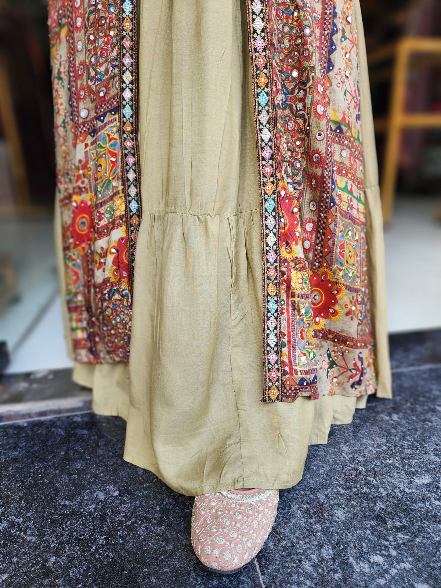 Boho look light green indowestern maxi with jacket and belt