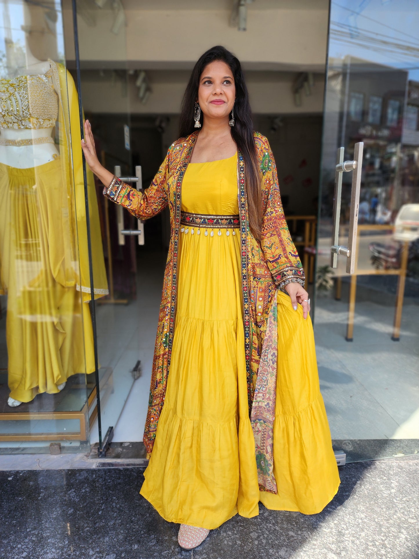 Boho look yellow indowestern maxi with jacket and belt