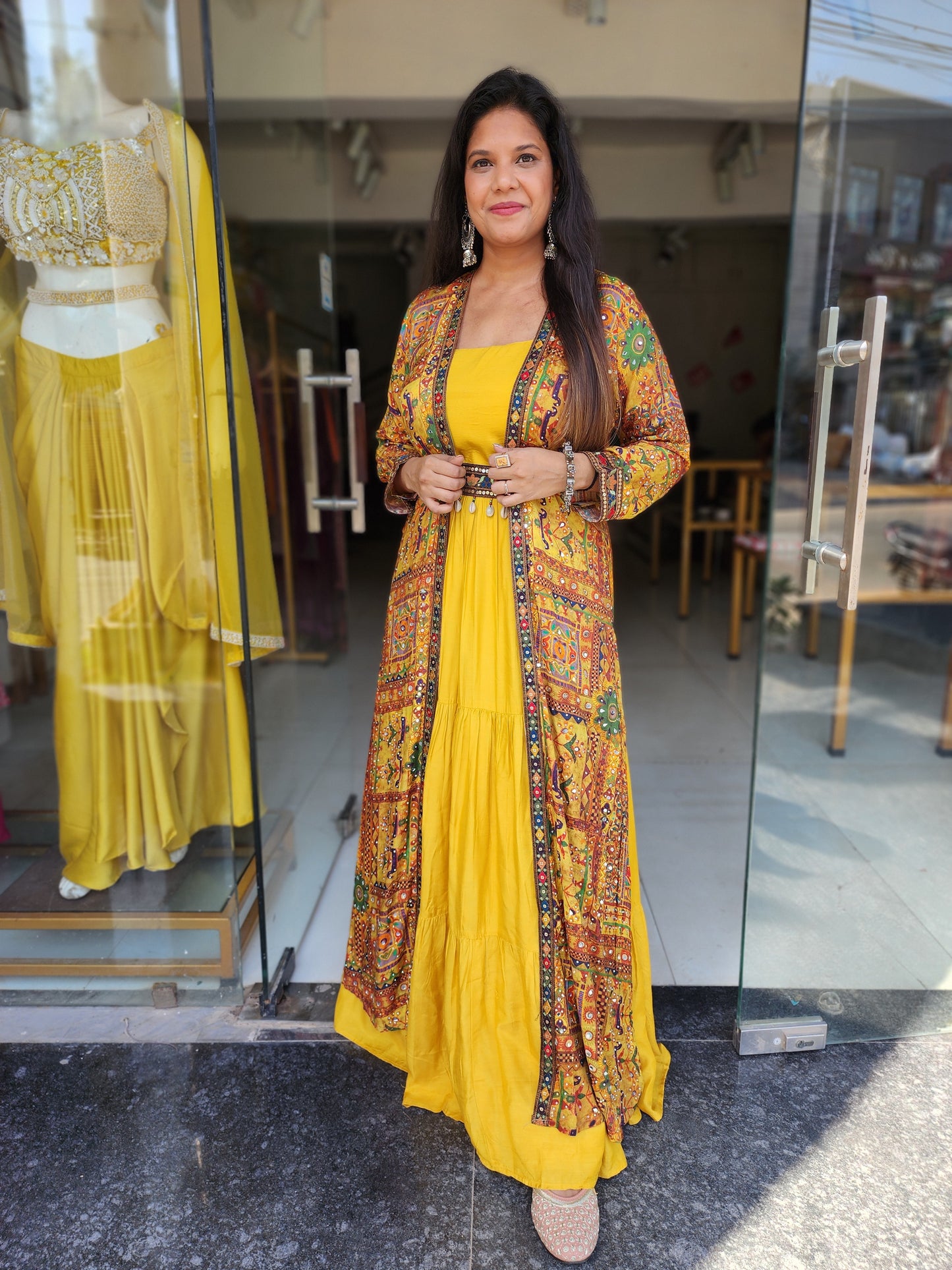 Boho look yellow indowestern maxi with jacket and belt