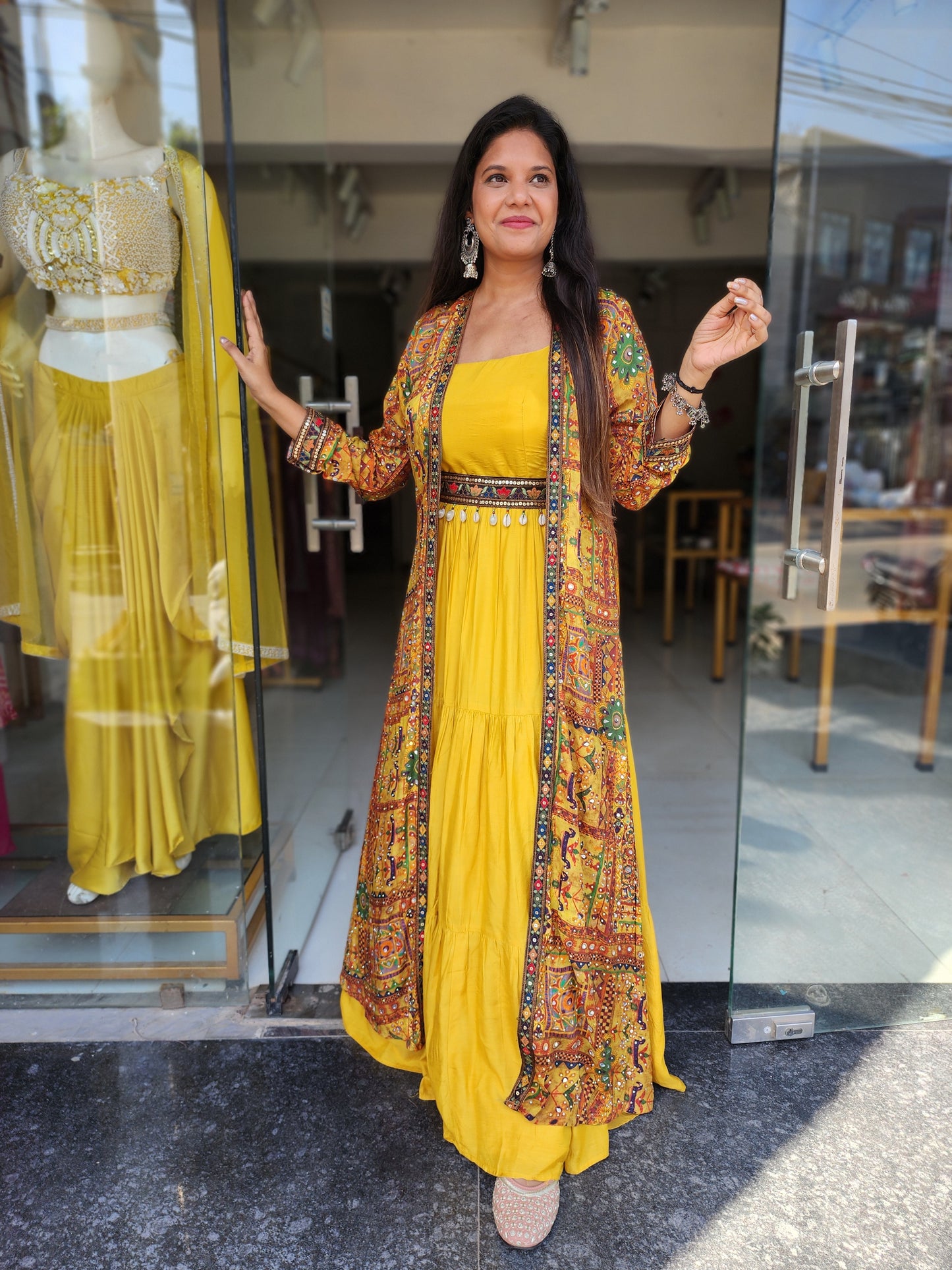 Boho look yellow indowestern maxi with jacket and belt