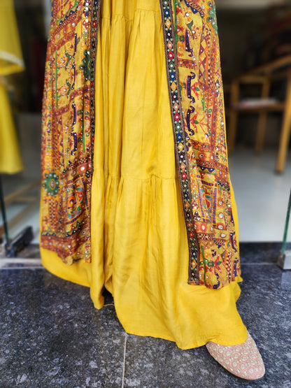 Boho look yellow indowestern maxi with jacket and belt